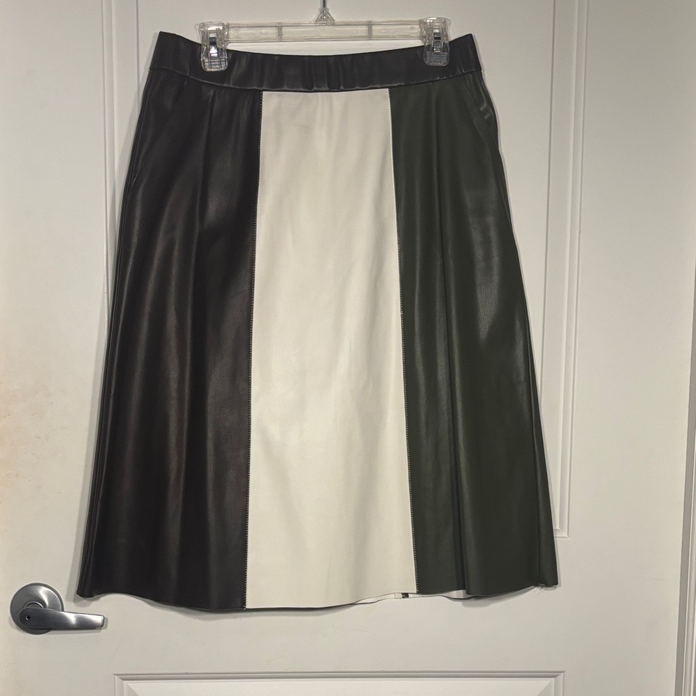 Colorblock Faux Leather A-Line Skirt - Black, Cream, Green